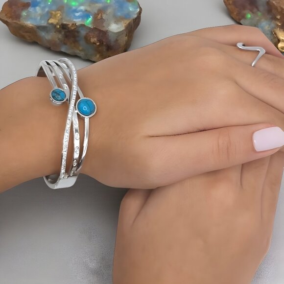 🆕️18K Gold Plated Turquoise & Zirconia Bangle Bracelet | Dainty Elegant & Chic✨ - Picture 9 of 16